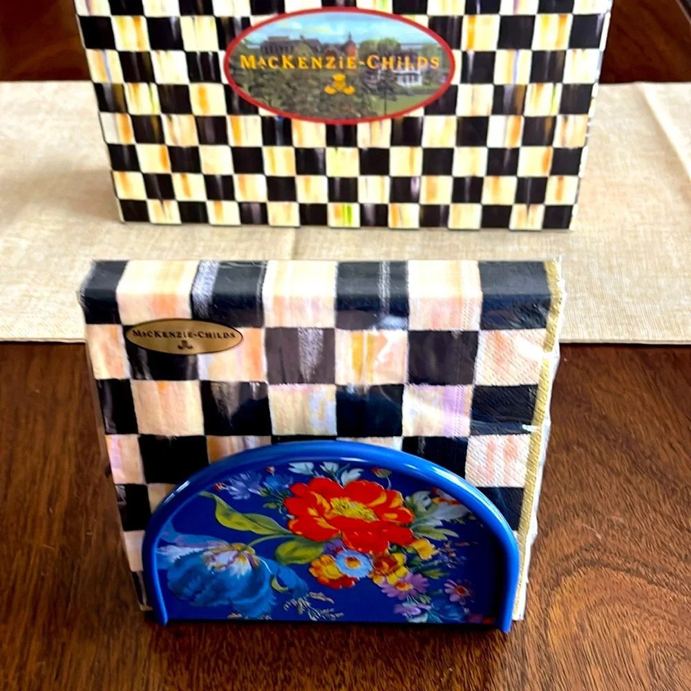 NWT Mackenzie Childs Blue Flower Market napkin holder and Courtly check napkins